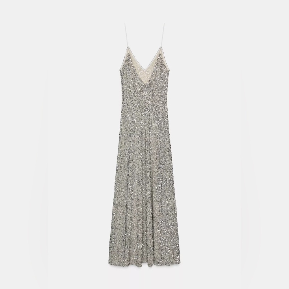 Zara long sequin silver v-neck midi dress sz.XS - Picture 8 of 13